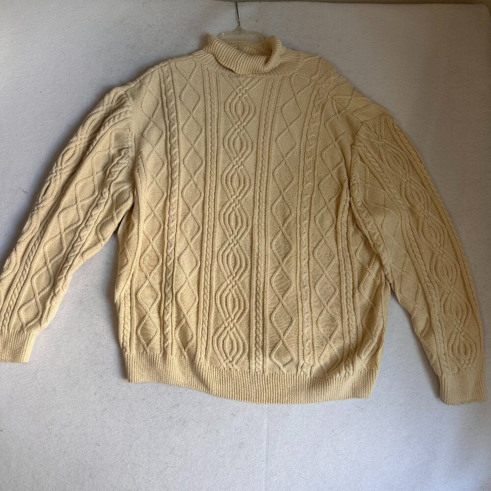 Scandia Woods sweater men 2XL XXL‎ pale yellow cable knit fisherman turtleneck